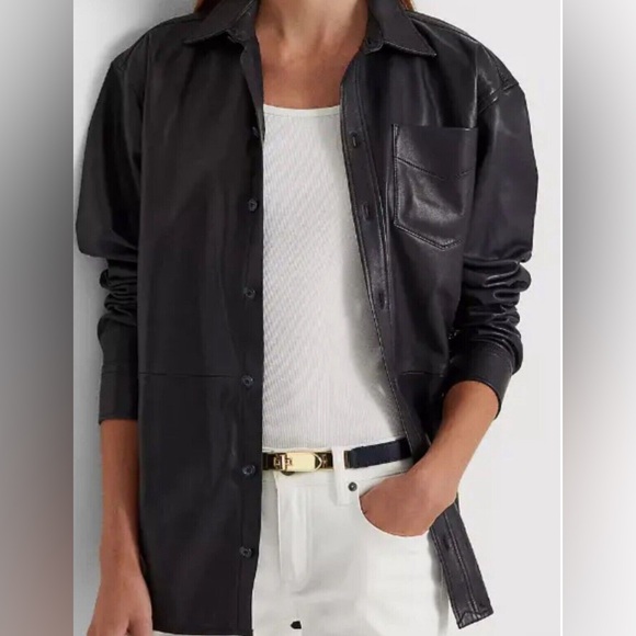 LAUREN Ralph Lauren Relaxed Fit Leather Shirt  Navy - Picture 5 of 9